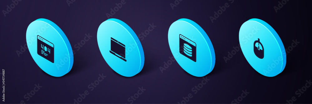 Poster set isometric computer mouse, server, data, web hosting, laptop and page with 404 error icon. vector