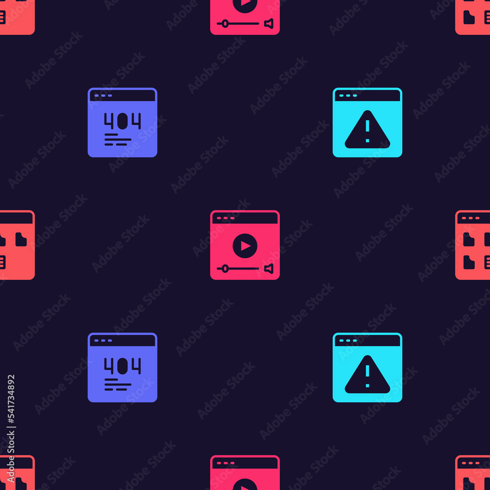Poster set browser with exclamation mark, page 404 error, online play video and files on seamless pattern. 