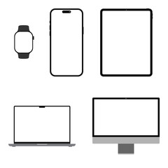 A set of transparent devices, an isolated device, new technology, a simple illustration for websites and contents on white background, flat style art, cellphone, laptop, computer, watch, tablet
