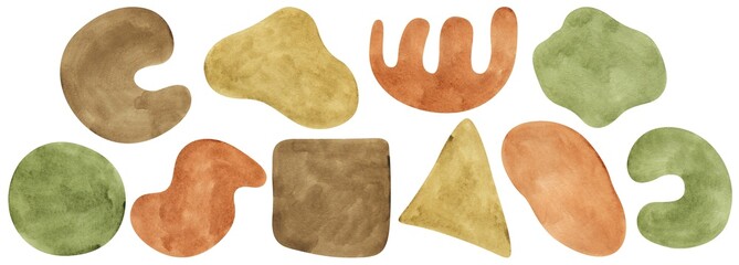 Watercolor set with abstract shapes. Terracotta, brown, beige, green, mustard modern forms