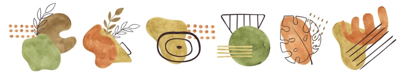 Watercolor arrangements with abstract shapes, ethnic elements, plants. Compositions with black line arts and leaves