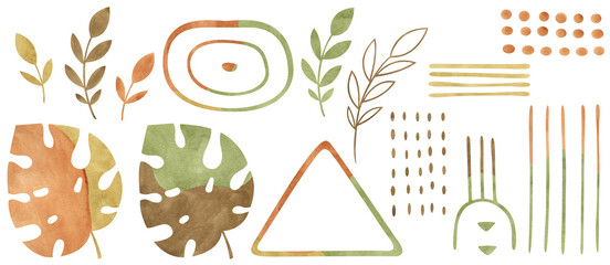 Watercolor set with abstract figures, line arts, plant. Terracotta, brown, beige, green, mustard modern shapes and leaves