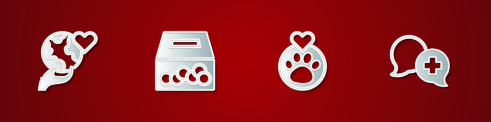 Set Hand holding Earth globe, Donation charity, Heart with animals footprint and Dialogue doctor icon. Vector
