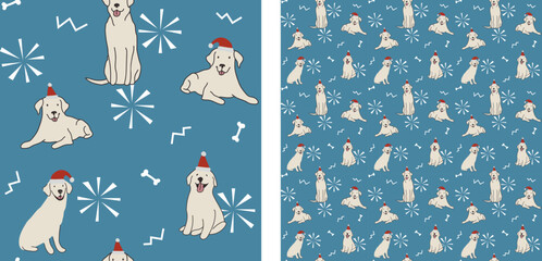 Seamless Labrador dog pattern, holiday texture. Square format, t-shirt, poster, packaging, textile, socks, textile, fabric, decoration, wrapping paper. Trendy hand-drawn dogs wallpaper.