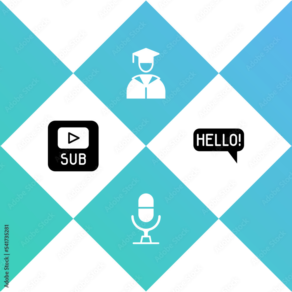 Poster set video with subtitles, microphone voice device, graduate and graduation cap and hello in differen