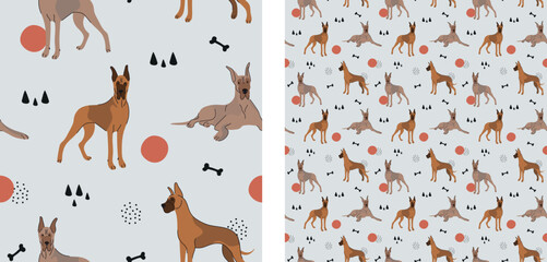 Seamless Great Dane dog pattern, holiday texture. Square format, t-shirt, poster, packaging, textile, socks, textile, fabric, decoration, wrapping paper. Trendy hand-drawn dogs wallpaper.
