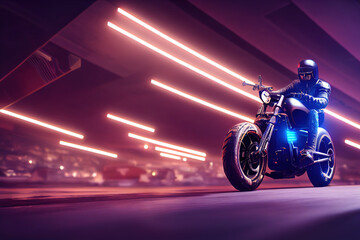 Spectacular digital art 3D illustration of a cyberpunk rider on a future bike or cruiser with a vivid and glowing neon light. Cyberpunk landscape with retrowave and synthwave at night.