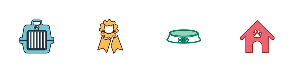 Set Pet carry case, Cat award symbol, food bowl and Dog house and paw print pet icon. Vector