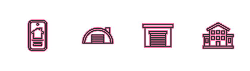 Set line Online real estate house, Garage, Warehouse and House icon. Vector