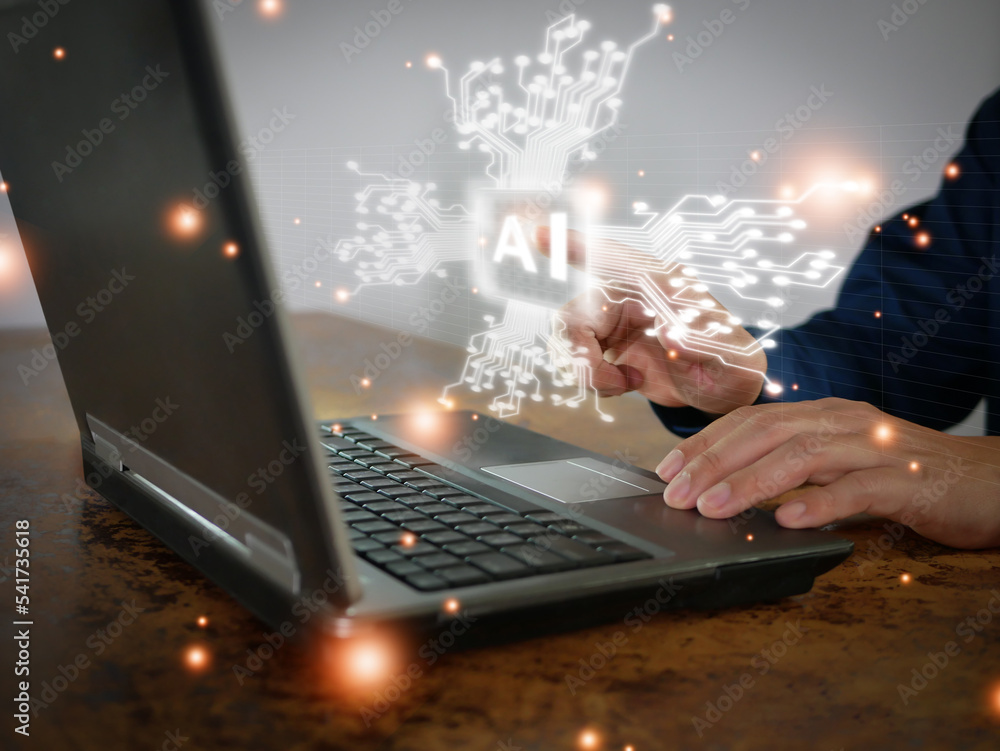 Poster businessman finger touching and activating virtual screen of ai system, while working on his compute