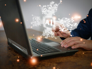 Businessman finger touching and activating virtual screen of Ai system, while working on his...