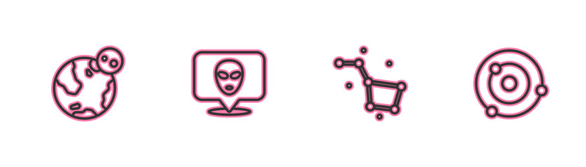 Set line Earth globe, Great Bear constellation, Alien and Solar system icon. Vector