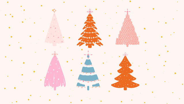 Vector set of Ornate Trendy Christmas Trees, Hand Drawn Elements for Social Media and Web Design. © Yanzar