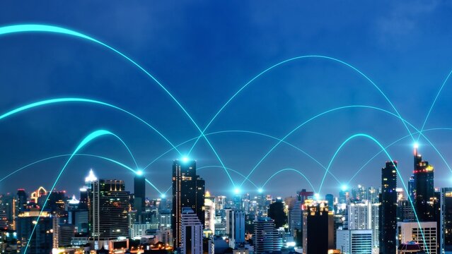 Smart digital city with connection network reciprocity over the cityscape . Concept of future smart wireless digital city and social media networking systems that connects people within the city .