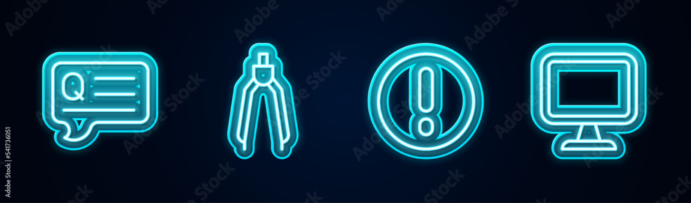 Aufkleber set line speech bubbles with question, drawing compass, and exclamation and computer monitor. glowin