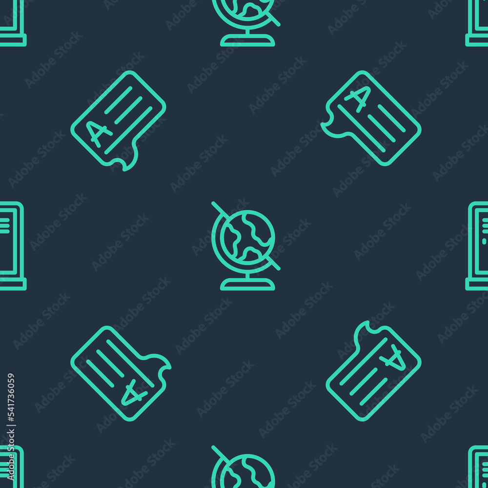 Poster set line earth globe, speech bubbles with answer and locker or changing room on seamless pattern. ve