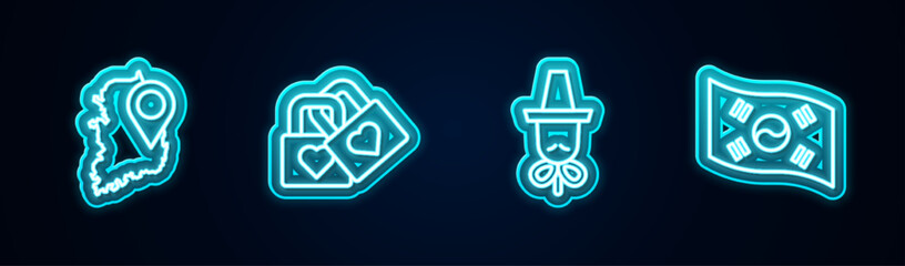 Set line South Korea map, Lock with heart, Korean hat and flag. Glowing neon icon. Vector
