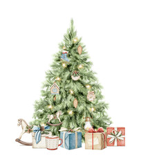 Watercolor vintage green classic Christmas tree with garland isolated on white background. Hand drawn illustration sketch