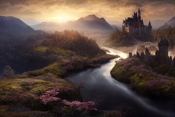 Fototapeta na wymiar a beautiful winding river with castle