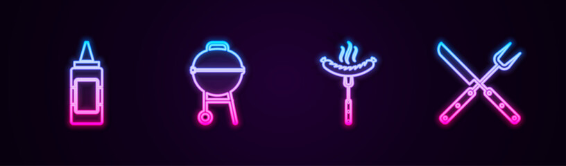 Set line Mustard bottle, Barbecue grill, Sausage on the fork and Crossed and knife. Glowing neon icon. Vector