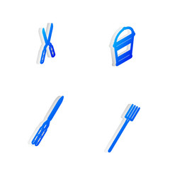 Set Isometric line Bucket, Gardening handmade scissor, and pitchfork icon. Vector