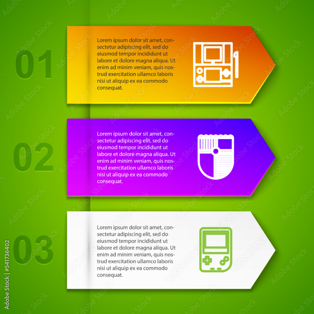Poster set line portable video game console, shield for, and computer mouse gaming. business infographic te