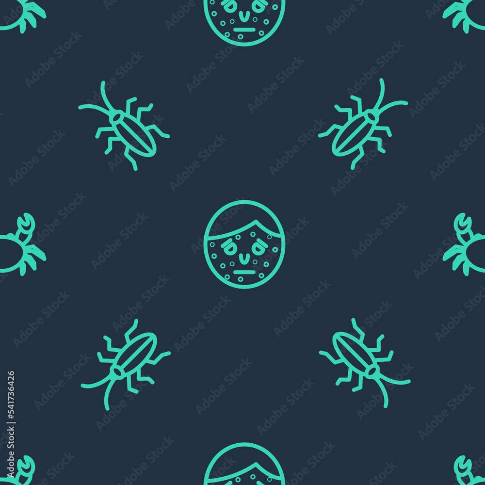 Poster Set line Face with psoriasis or eczema, Cockroach and Crab on seamless pattern. Vector