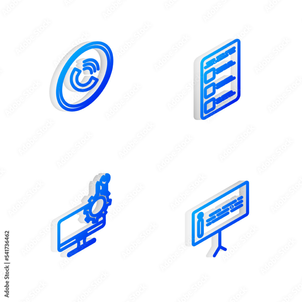 Poster set isometric line create account screen on mobile, phone call, computer monitor service and informa