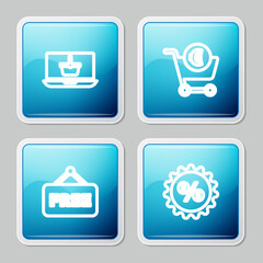 Set line Shopping basket on laptop, cart and euro, Price tag with text Free and Discount percent icon. Vector