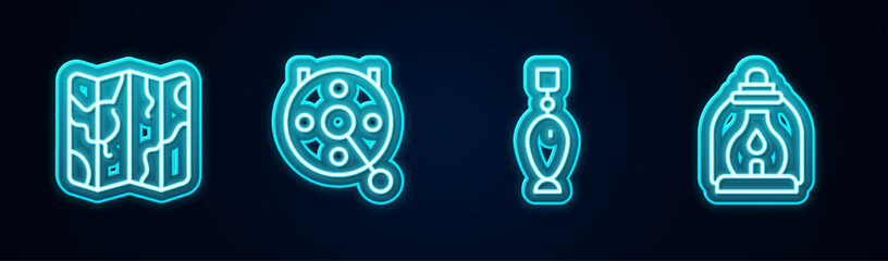 Set line Folded map, Spinning reel for fishing, Fishing spoon and Camping lantern. Glowing neon icon. Vector