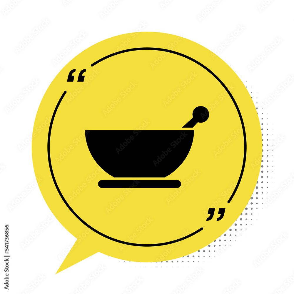 Poster black mortar and pestle icon isolated on white background. yellow speech bubble symbol. vector illus