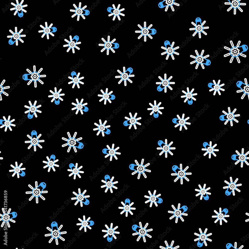 Poster line light bulb with rays shine and gear inside icon isolated seamless pattern on black background. 
