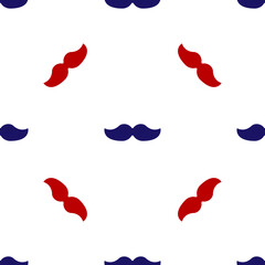 Blue and red Mustache icon isolated seamless pattern on white background. Barbershop symbol. Facial hair style. Vector Illustration