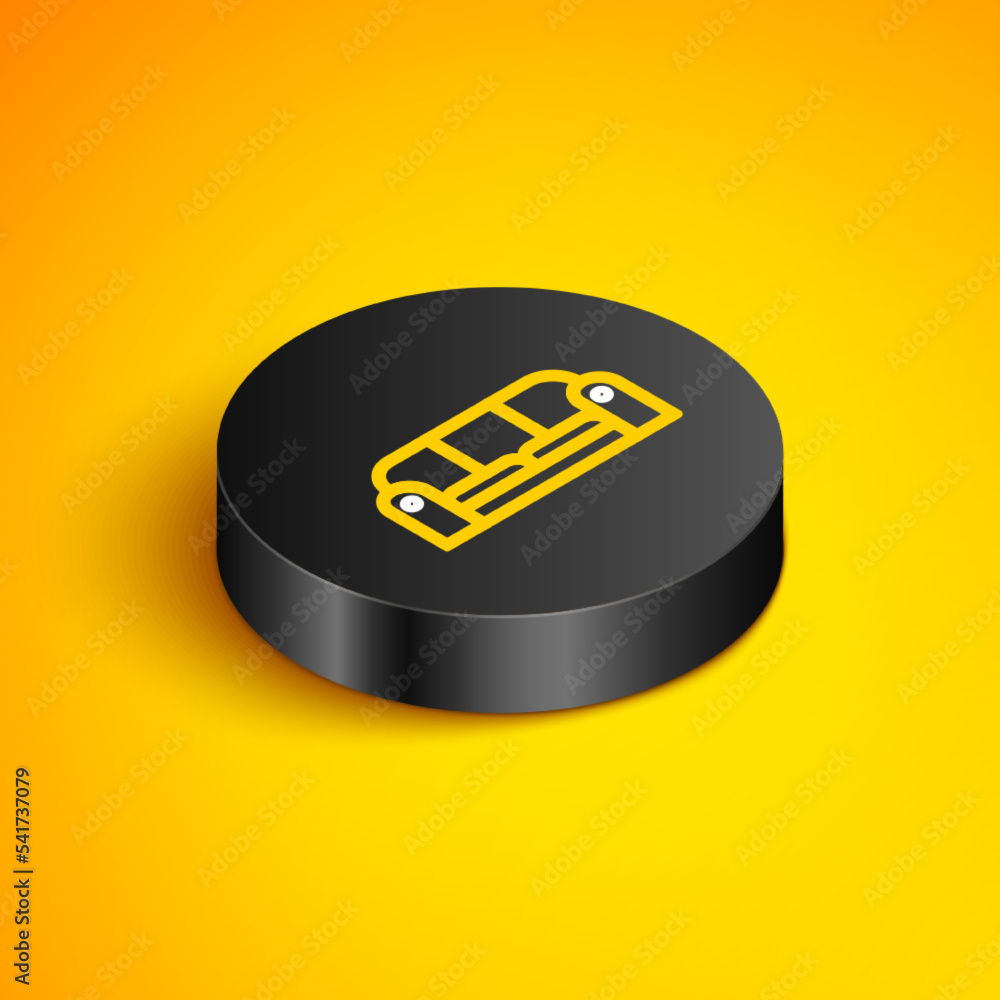Poster isometric line sofa icon isolated on yellow background. black circle button. vector