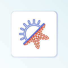 Line Hot and cold symbol. Sun and snowflake icon isolated on white background. Winter and summer symbol. Colorful outline concept. Vector