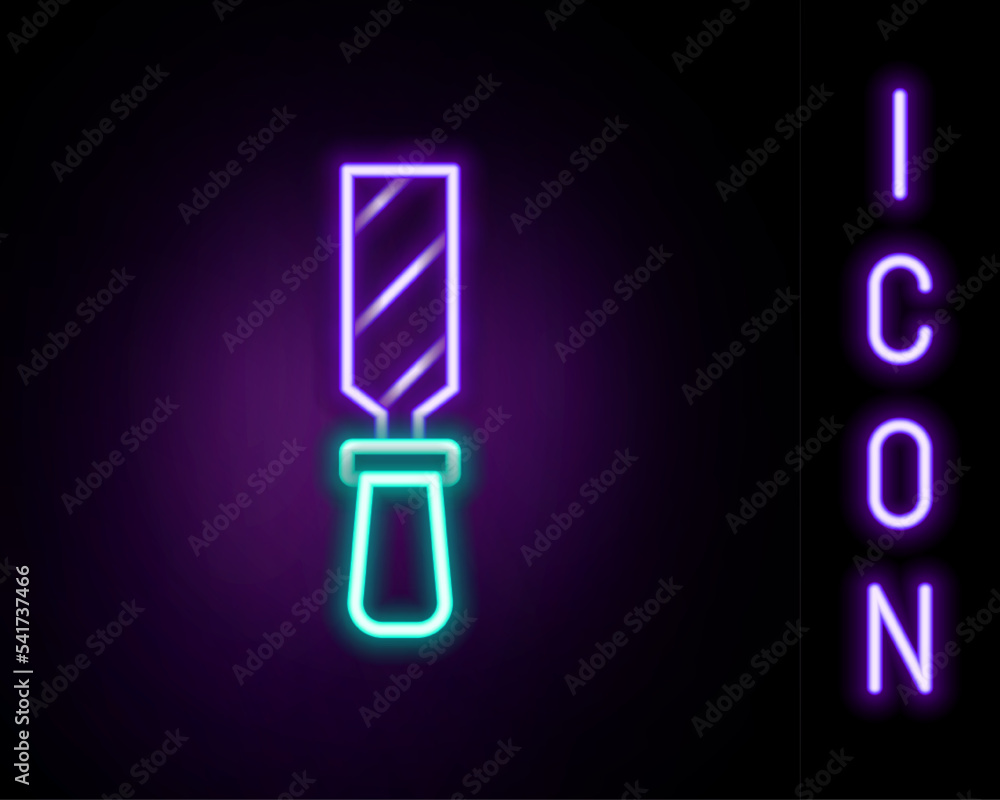 Poster glowing neon line rasp metal file icon isolated on black background. rasp for working with wood and 