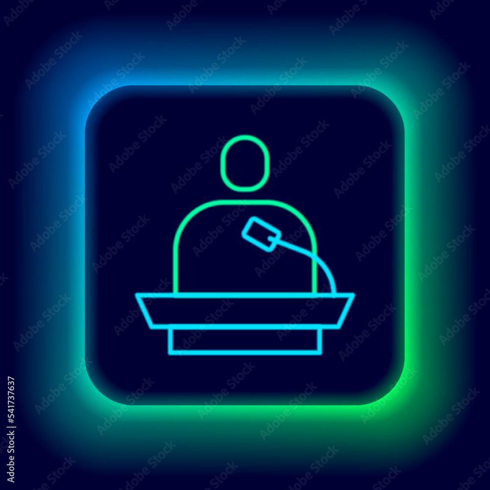 Poster glowing neon line gives lecture icon isolated on black background. stand near podium. speak into mic