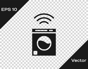 Black Smart washer system icon isolated on transparent background. Washing machine icon. Internet of things concept with wireless connection. Vector