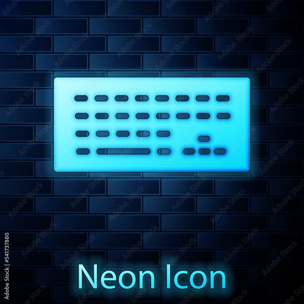 Poster glowing neon computer keyboard icon isolated on brick wall background. pc component sign. vector