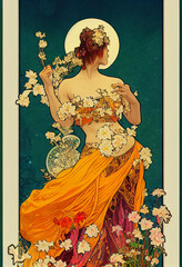 Tarot card, beautiful dancer among flowers, Alphonse Mucha style, made by AI