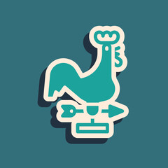 Green Rooster weather vane icon isolated on green background. Weathercock sign. Windvane rooster. Long shadow style. Vector