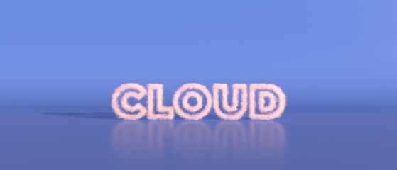 3D illustration of Cloud text made of clouds in chrome metal with blue background and reflections. Wallpaper. Banner. Place for text, mockup, copy space.  Minimal concept.	