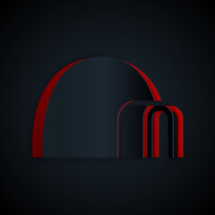 Paper cut Igloo ice house icon isolated on black background. Snow home, Eskimo dome-shaped hut winter shelter, made of blocks. Paper art style. Vector