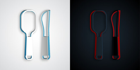 Paper cut Knife and spoon icon isolated on grey and black background. Cooking utensil. Cutlery sign. Paper art style. Vector