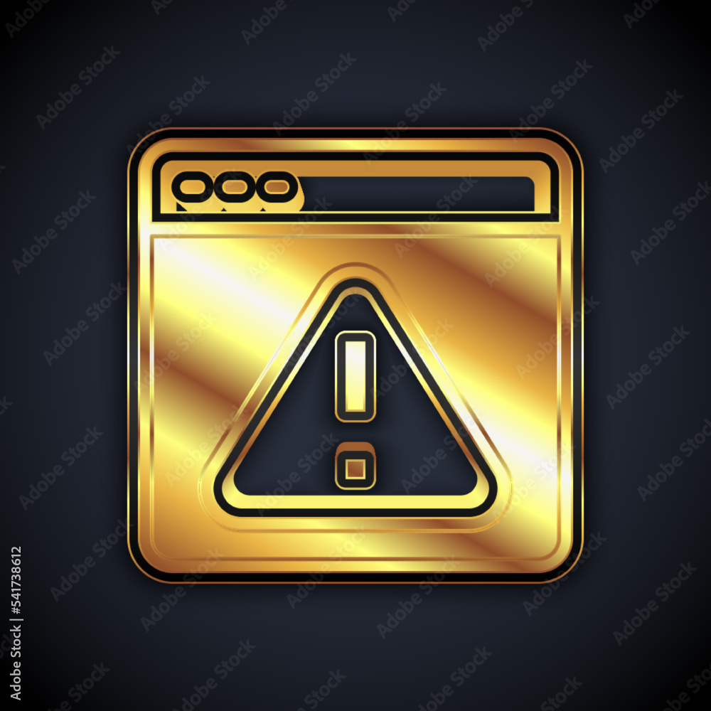 Poster gold browser with exclamation mark icon isolated on black background. alert message smartphone notif