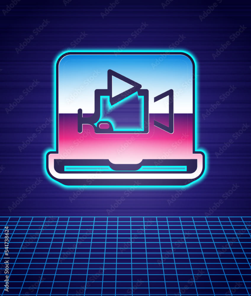 Poster Retro style Online play video icon isolated futuristic landscape background. Film strip with play sign. 80s fashion party. Vector