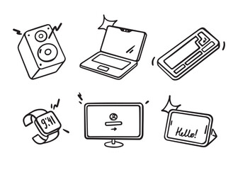 Set of vector devices. Laptop, tablet, monitor, speaker, smart watch, keyboard. Simple doodle cartoon style.