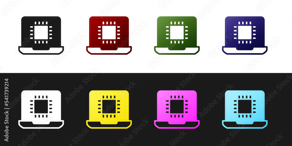 Poster set computer processor with microcircuits cpu icon isolated on black and white background. chip or c