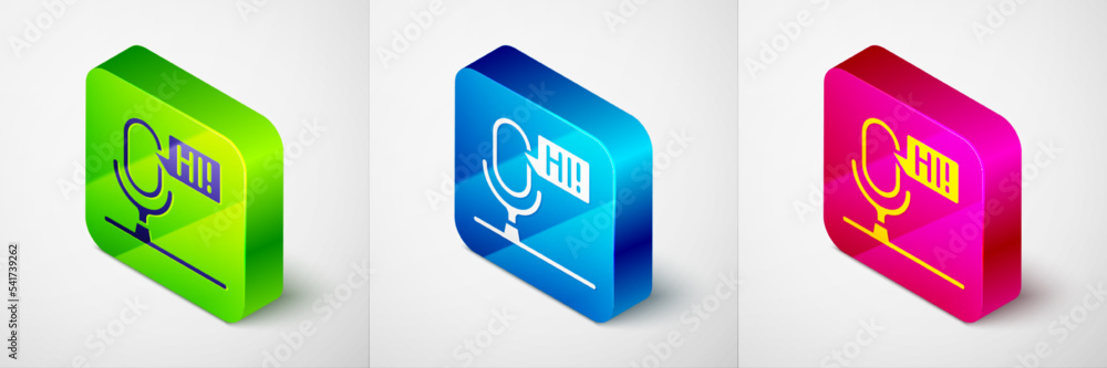 Poster isometric microphone voice device icon isolated on grey background. microphone interpreter and alpha