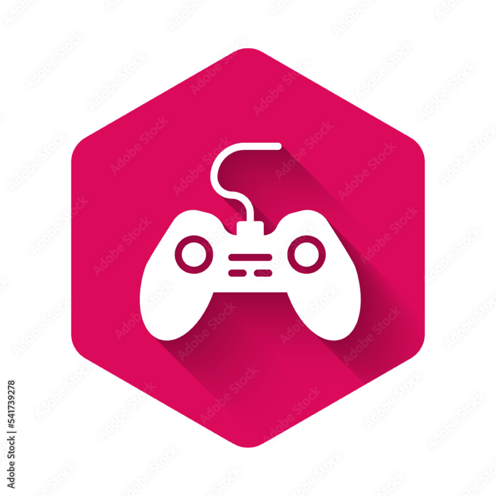 Poster White Gamepad icon isolated with long shadow background. Game controller. Pink hexagon button. Vector